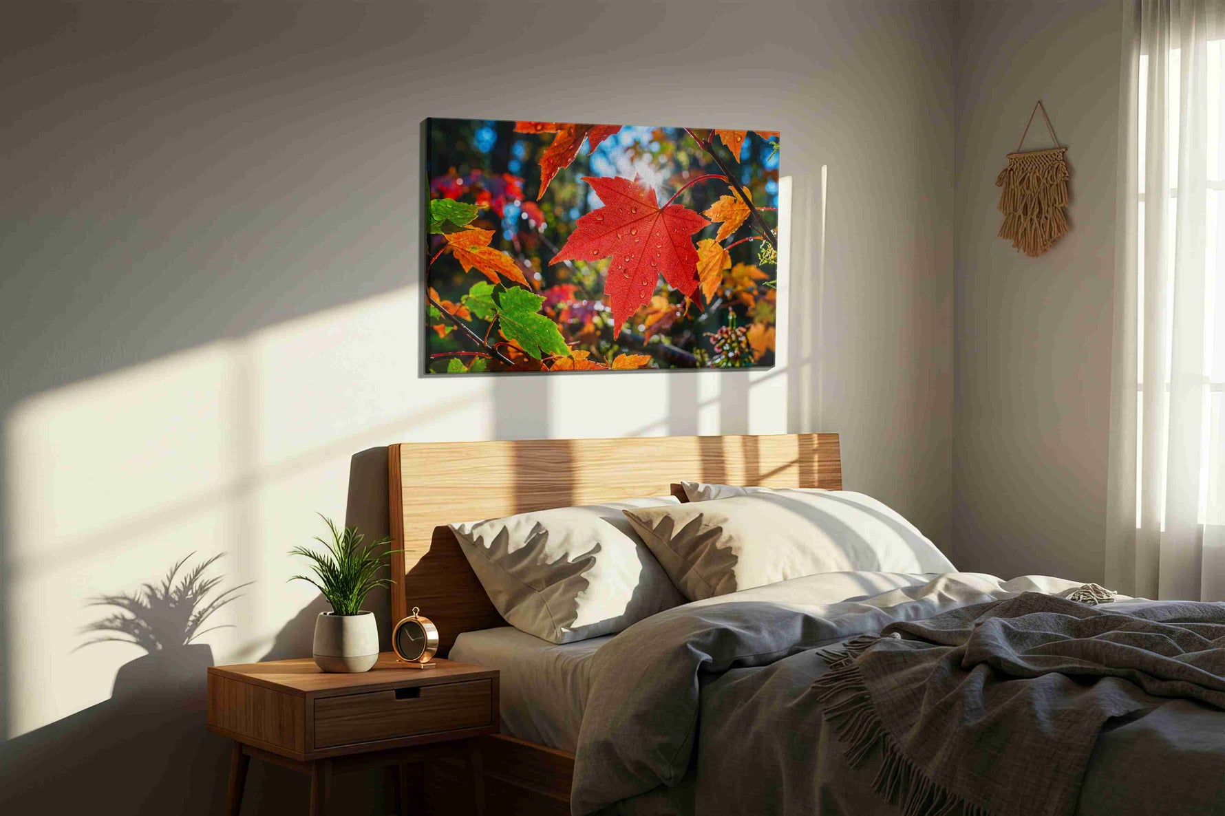 Radiant Autumn Symphony leaves canvas print, displayed in a bedroom