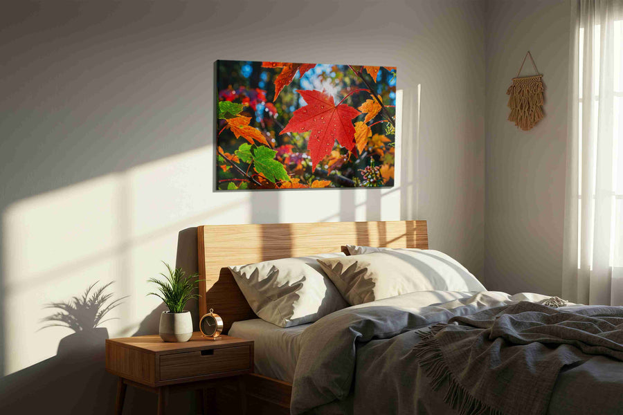 Radiant Autumn Symphony leaves canvas print, displayed in a bedroom