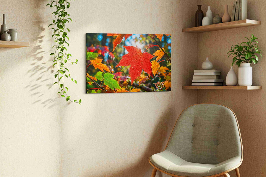 Radiant Autumn Symphony leaves canvas print, displayed in a living room