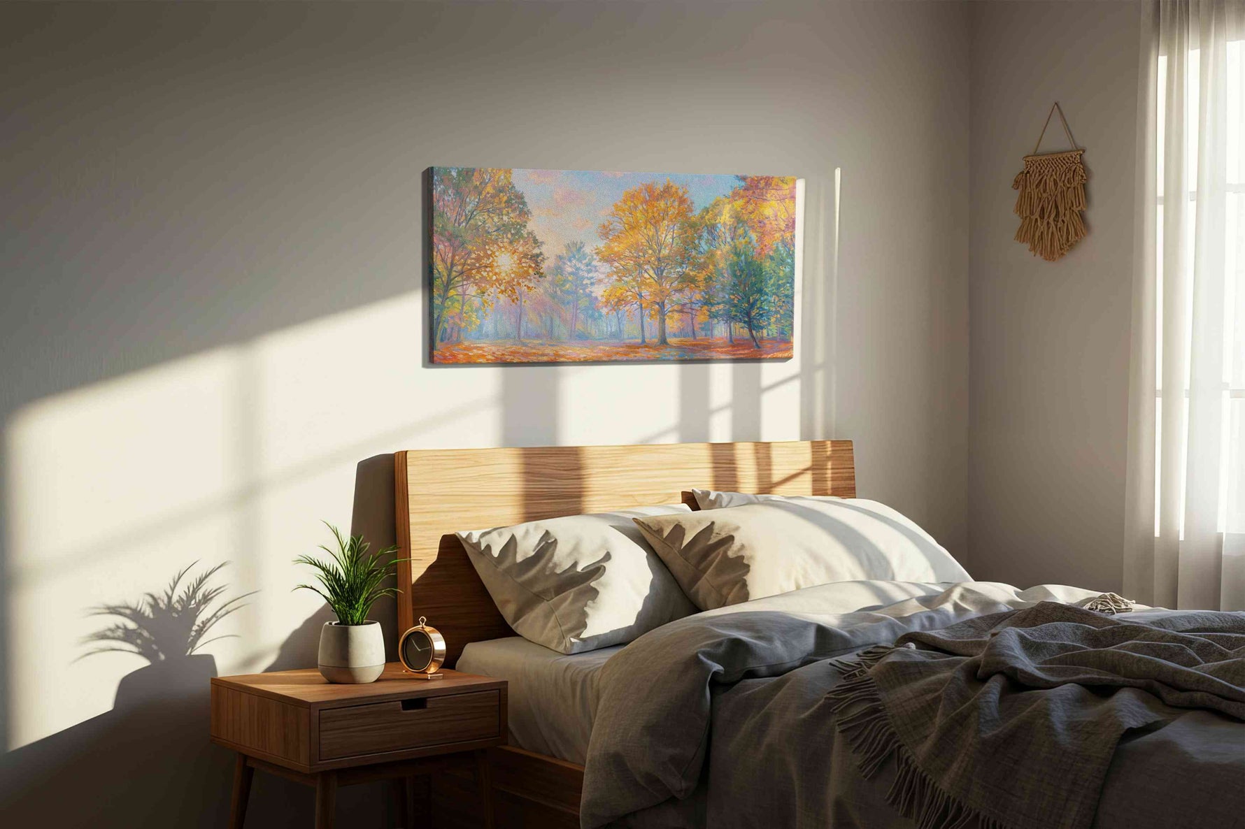 Whispers of Autumn Dawn nature canvas print, displayed in a bedroom