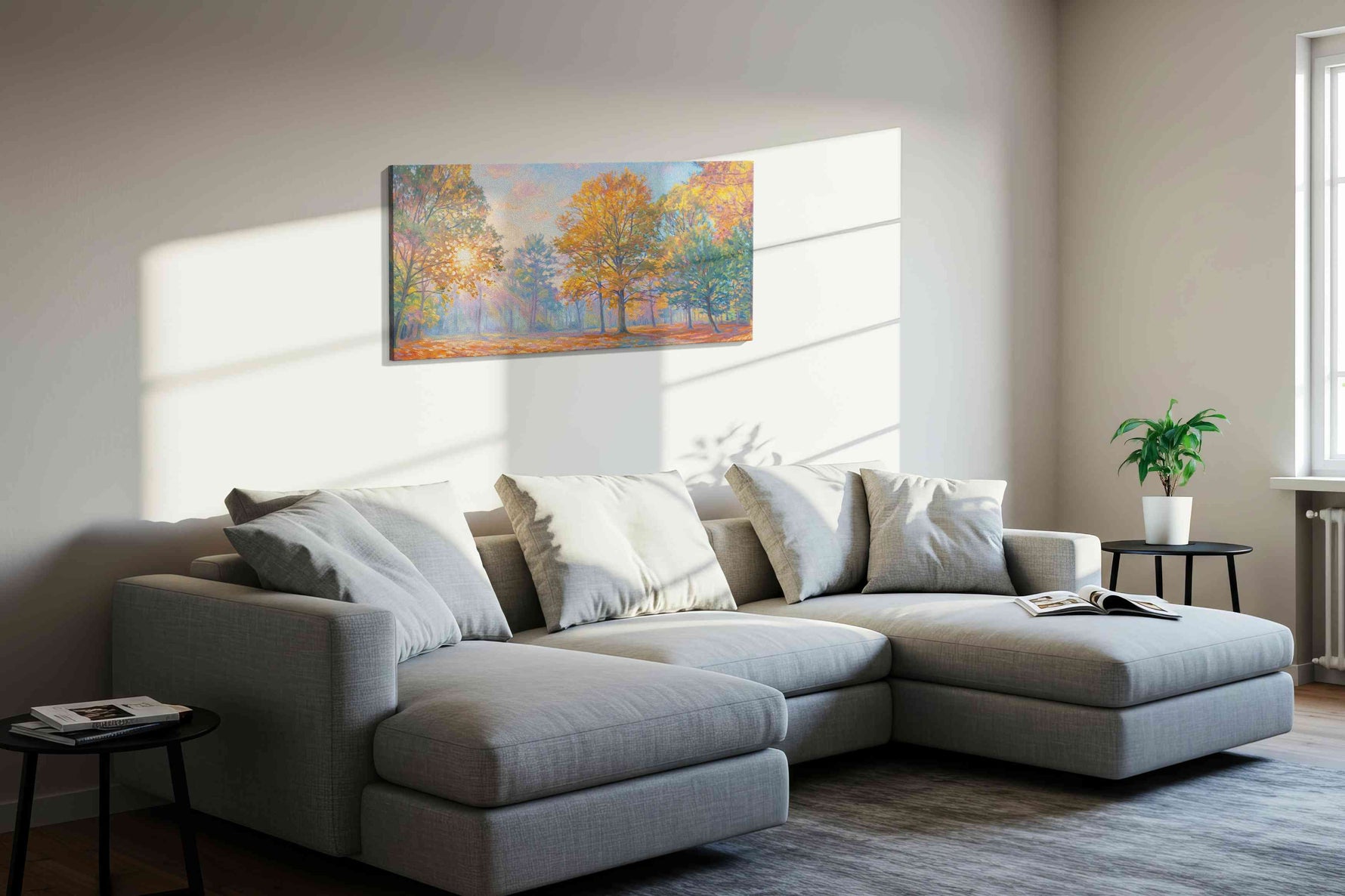 Whispers of Autumn Dawn nature canvas print in a living room scene