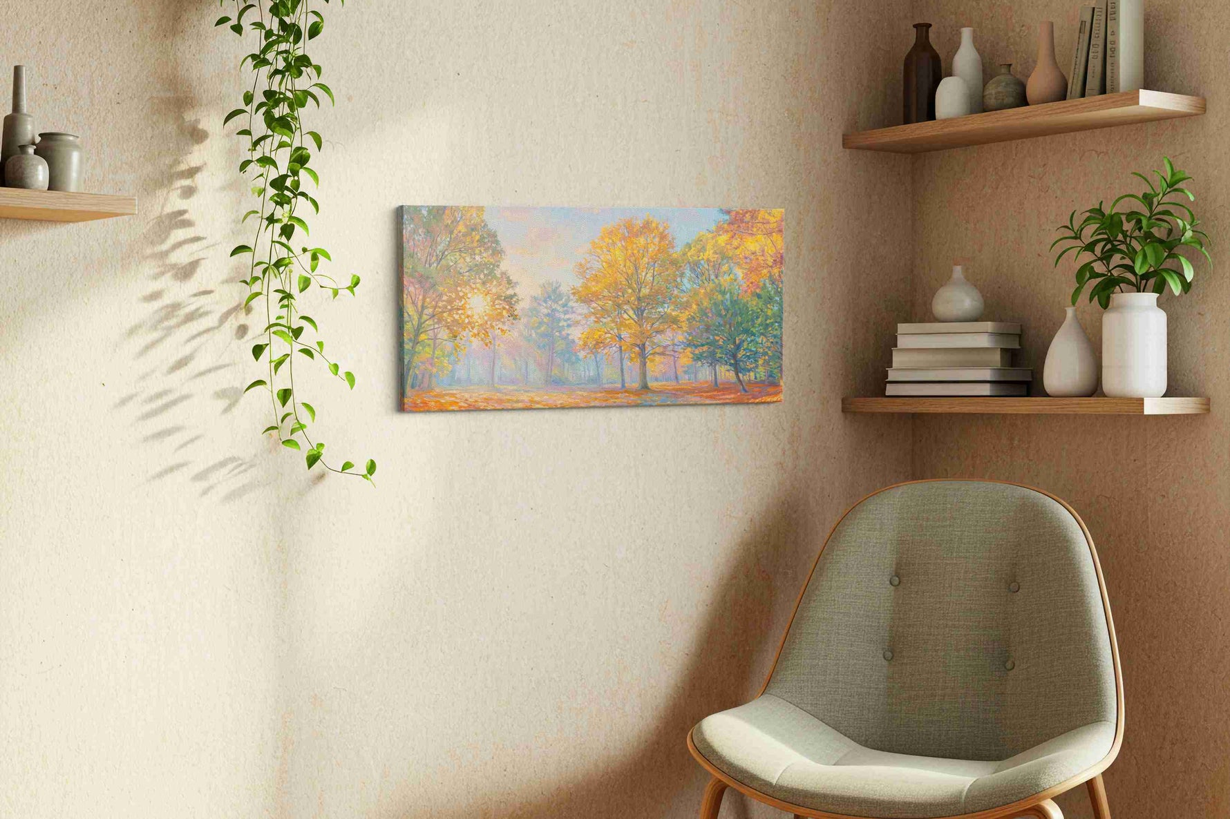 Whispers of Autumn Dawn nature canvas print, displayed in a living room