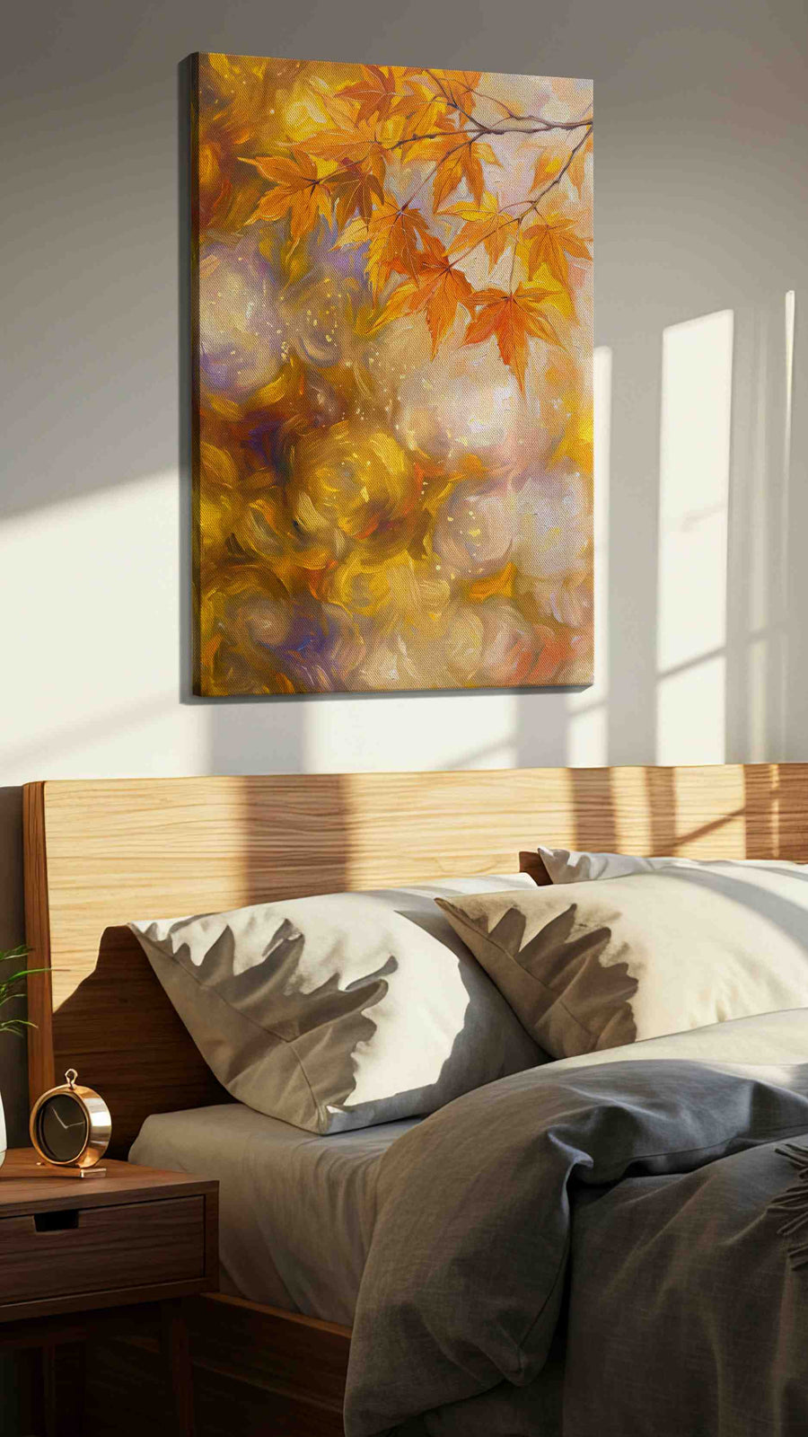 Whispers of Autumn Light leaves canvas print, displayed in a bedroom