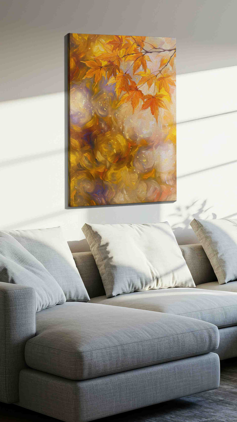 Whispers of Autumn Light (Autumn) - Leaves, Leaf Wall Art, Botanical Canvas Print, Nature Decor in a living room scene