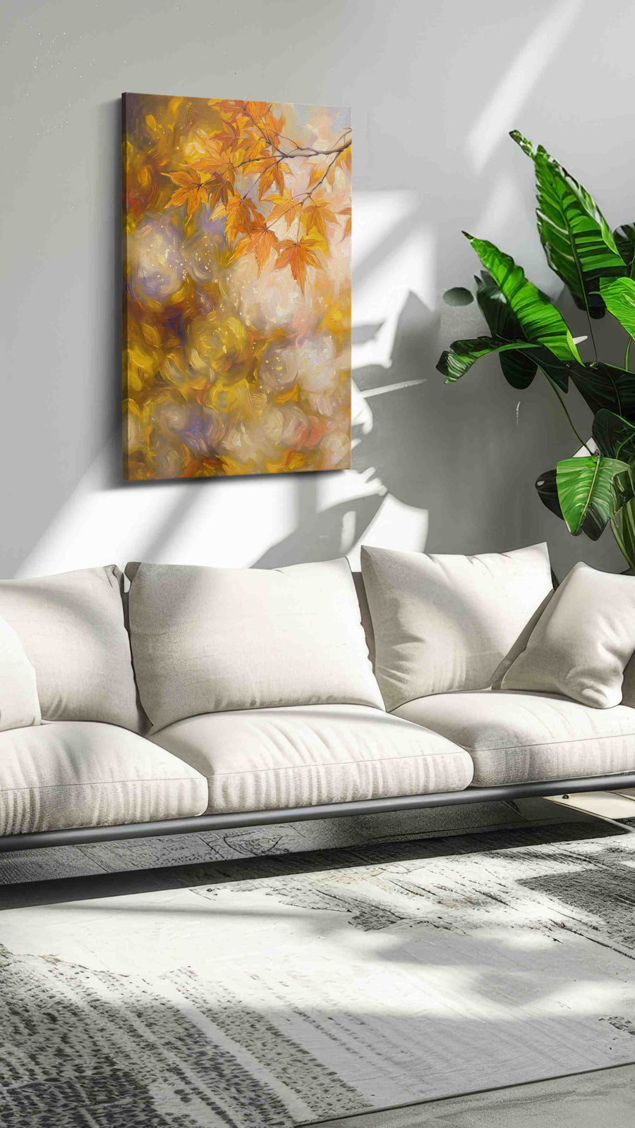 Whispers of Autumn Light leaves canvas print in a hung canvas mockup
