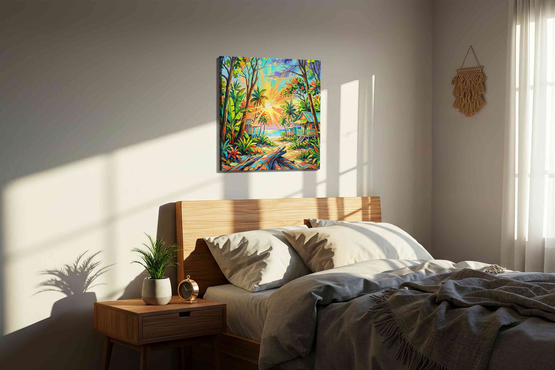 Tropical Dawn Harmony nature canvas print, displayed in a bedroom