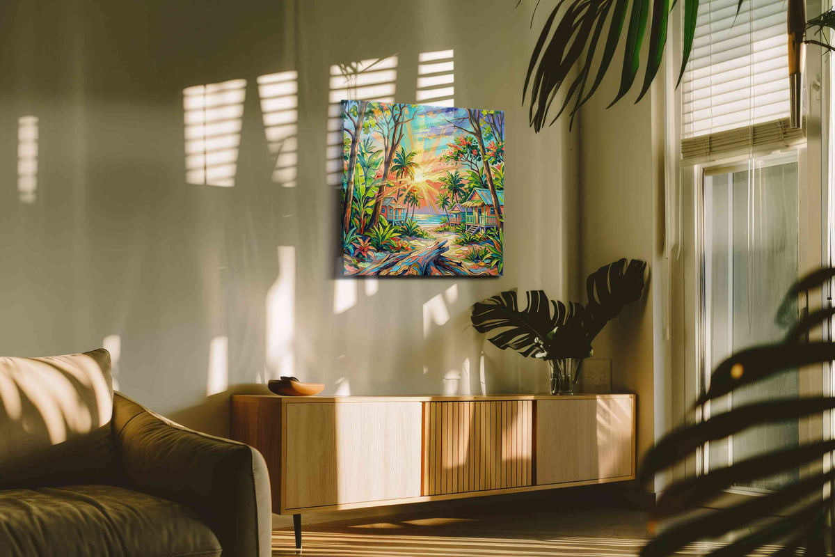 Tropical Dawn Harmony nature canvas print in a contemporary interior mockup