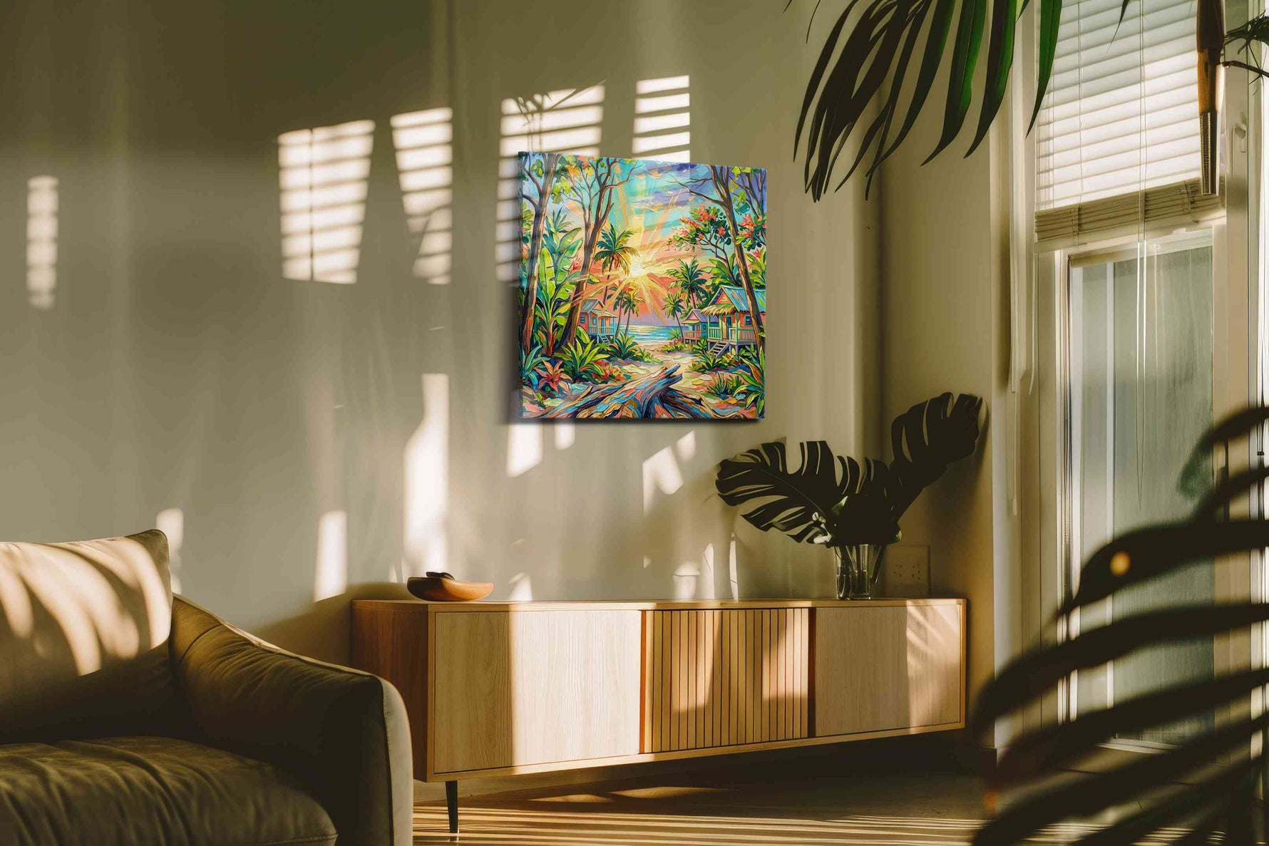 Tropical Dawn Harmony nature canvas print in a contemporary interior mockup