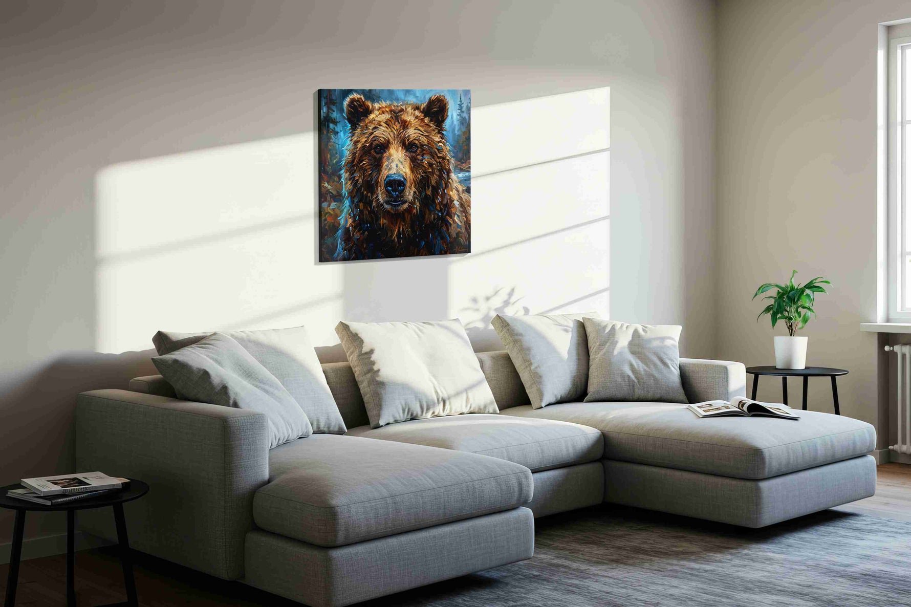 Gaze of the Wild Guardian bears canvas print, displayed in a living room