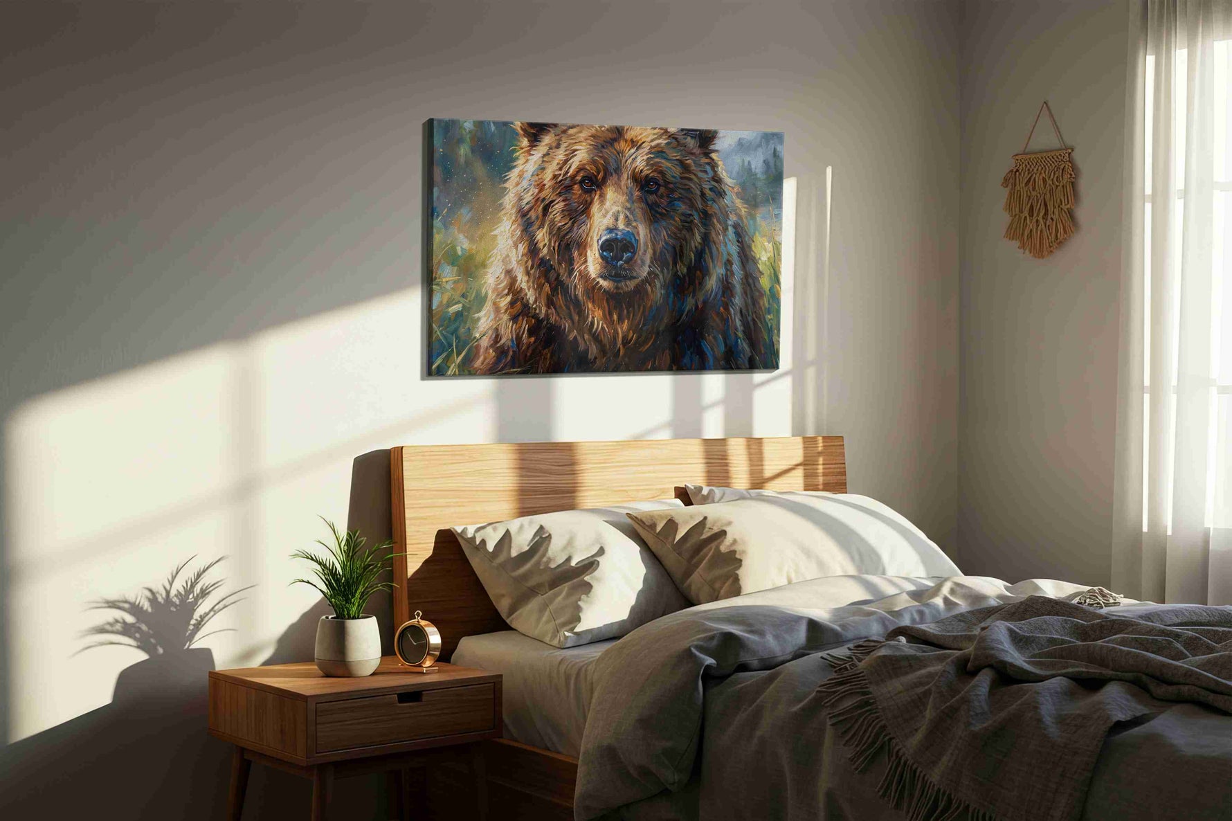Guardian of the Wild bears canvas print, displayed in a bedroom