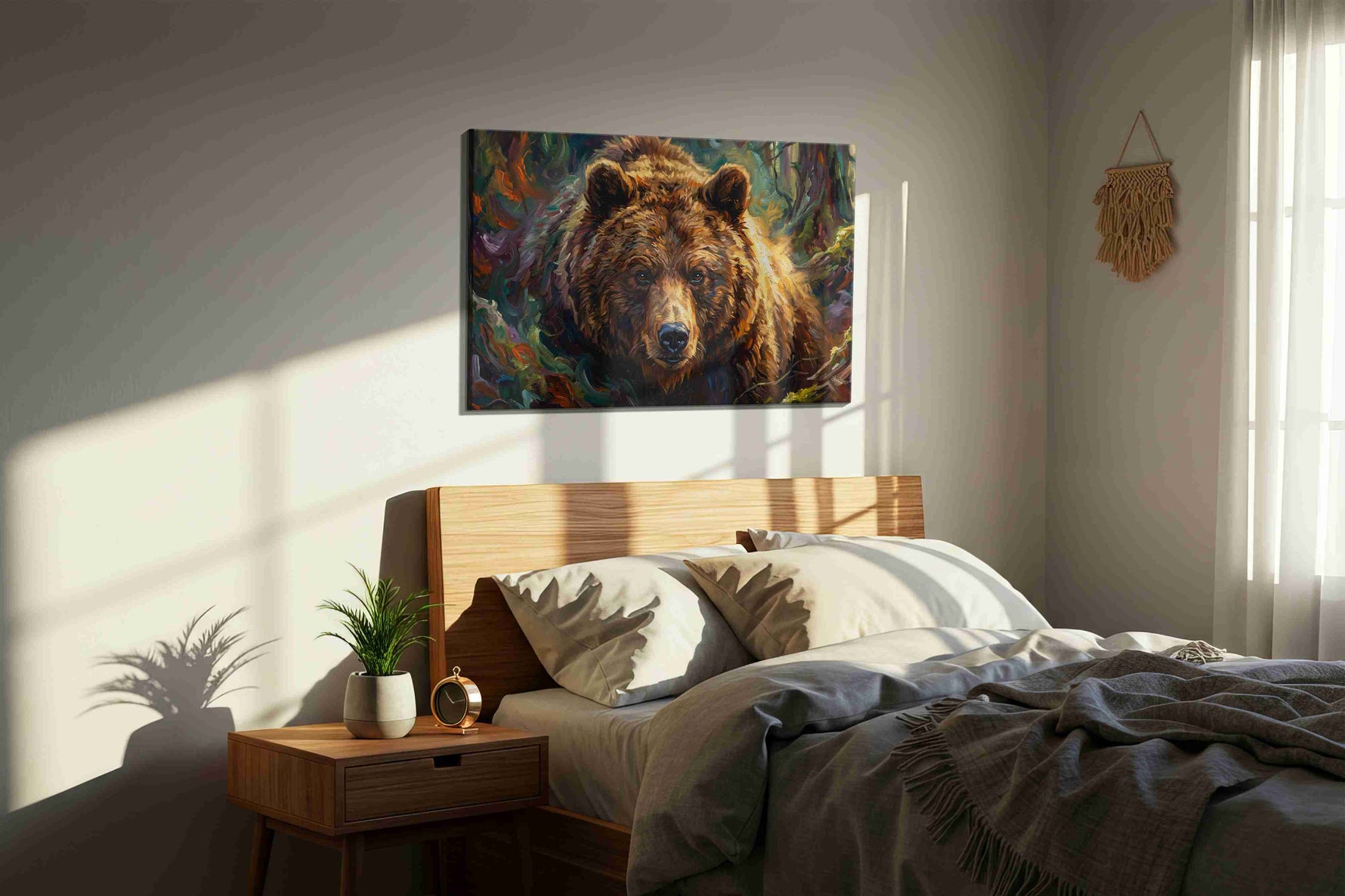 Majestic Wilderness Guardian bears canvas print, displayed in a bedroom