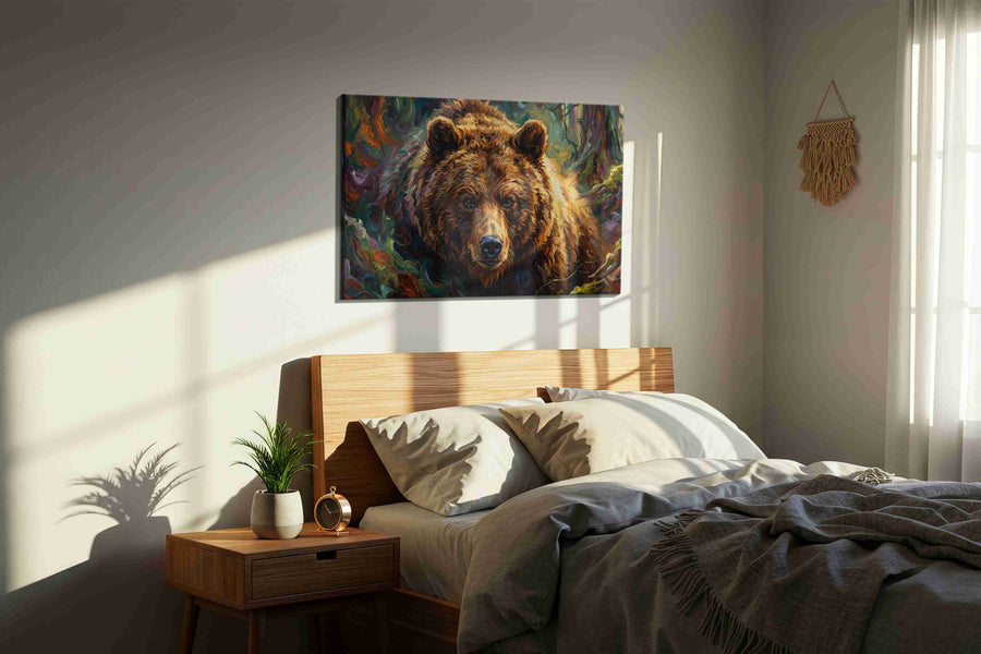 Majestic Wilderness Guardian bears canvas print, displayed in a bedroom