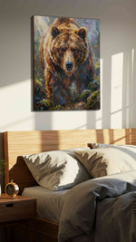 Majestic Wilderness Guardian II bears canvas print, displayed in a bedroom