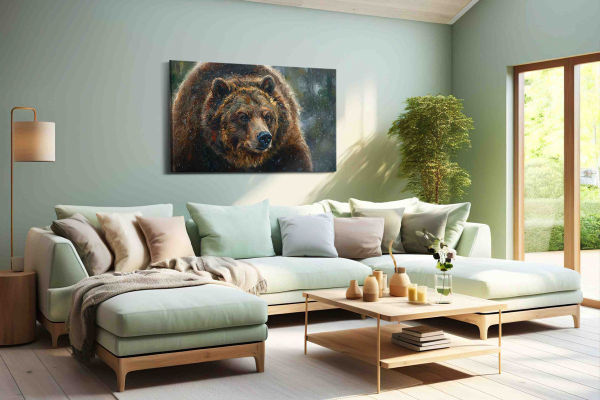 Majestic Wilderness Guardian III bears canvas print shown in a wall scene