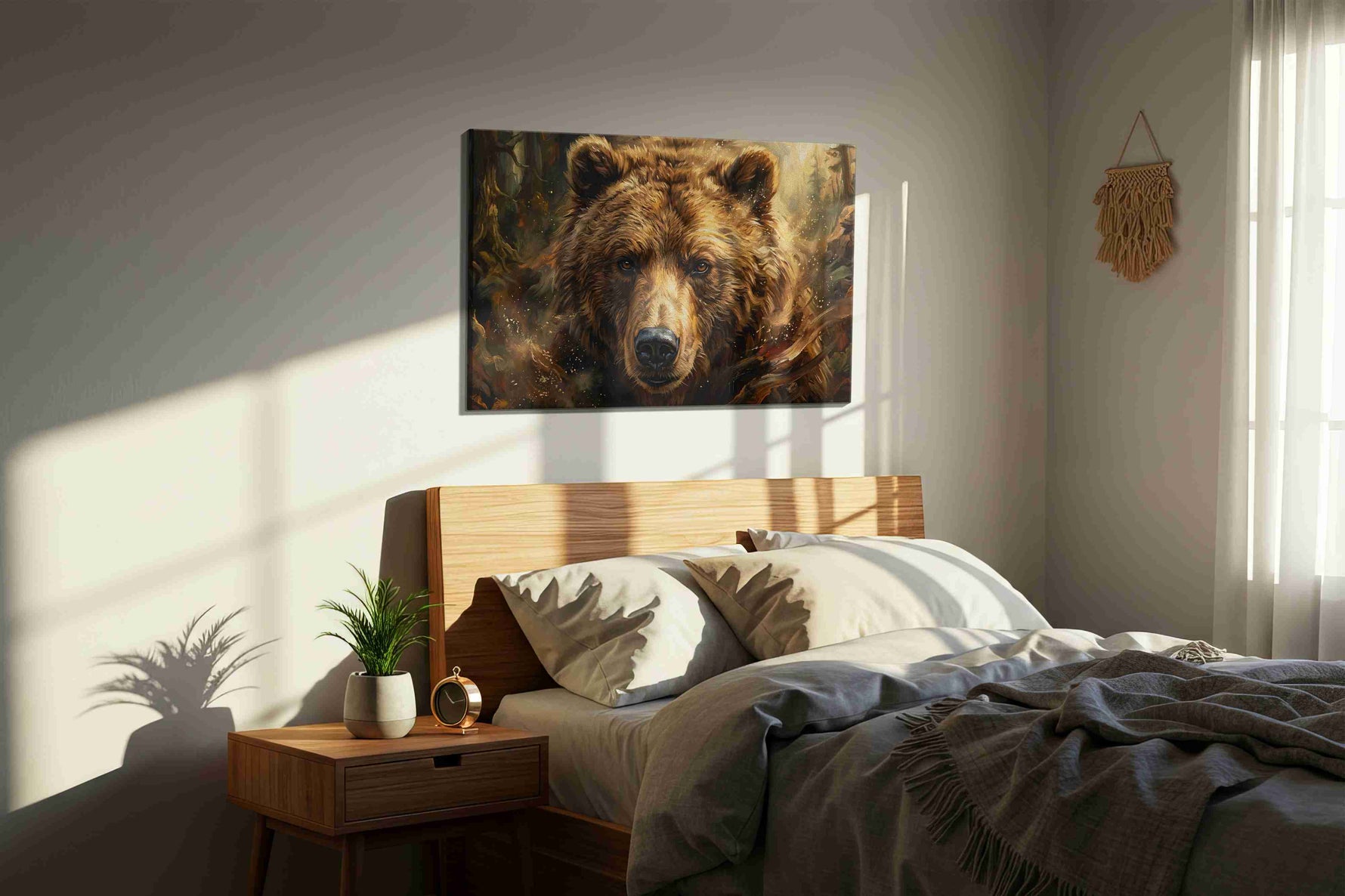 Majestic Wilderness Guardian IV bears canvas print, displayed in a bedroom