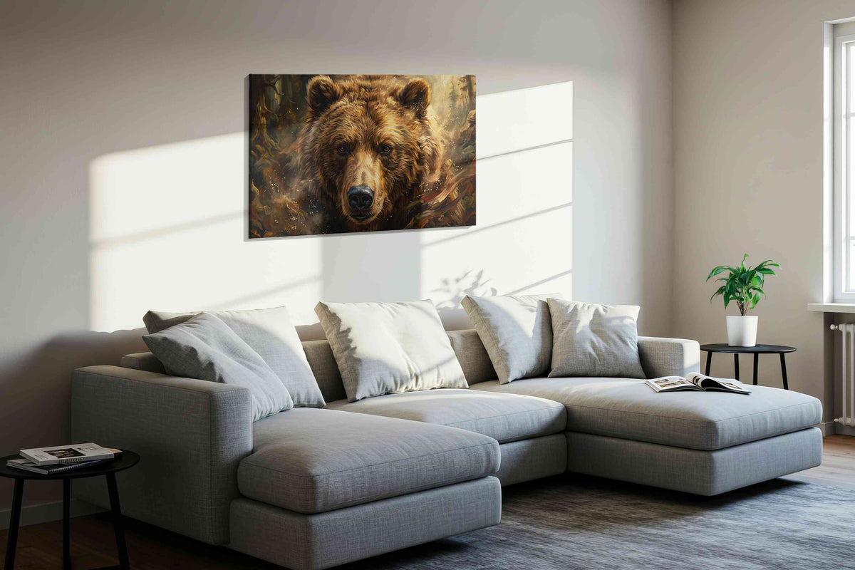 Majestic Wilderness Guardian IV bears canvas print, displayed in a living room