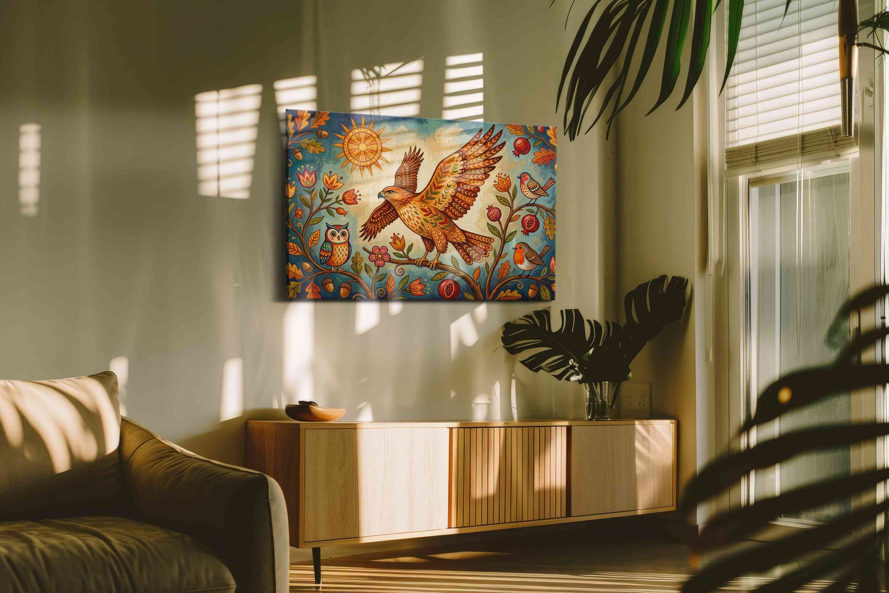 Enchanted Avian Symphony birds canvas print, on wall, lifestyle preview