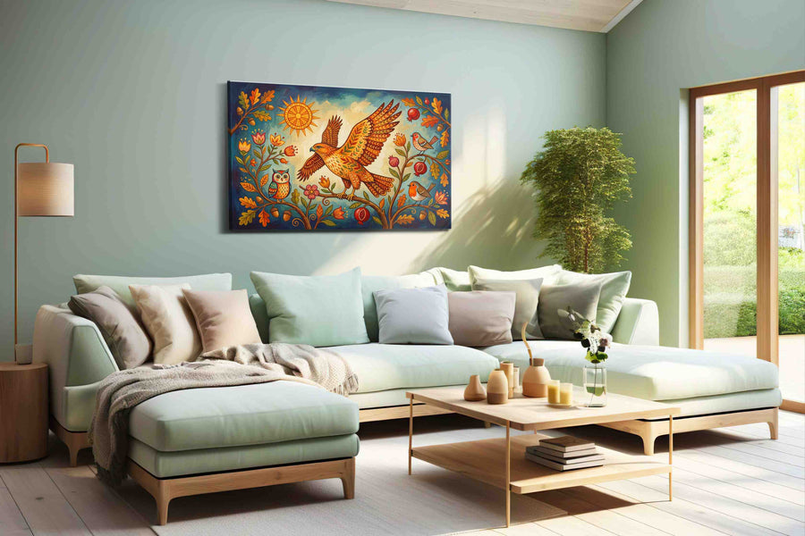 Enchanted Avian Symphony birds canvas print, hanging on wall