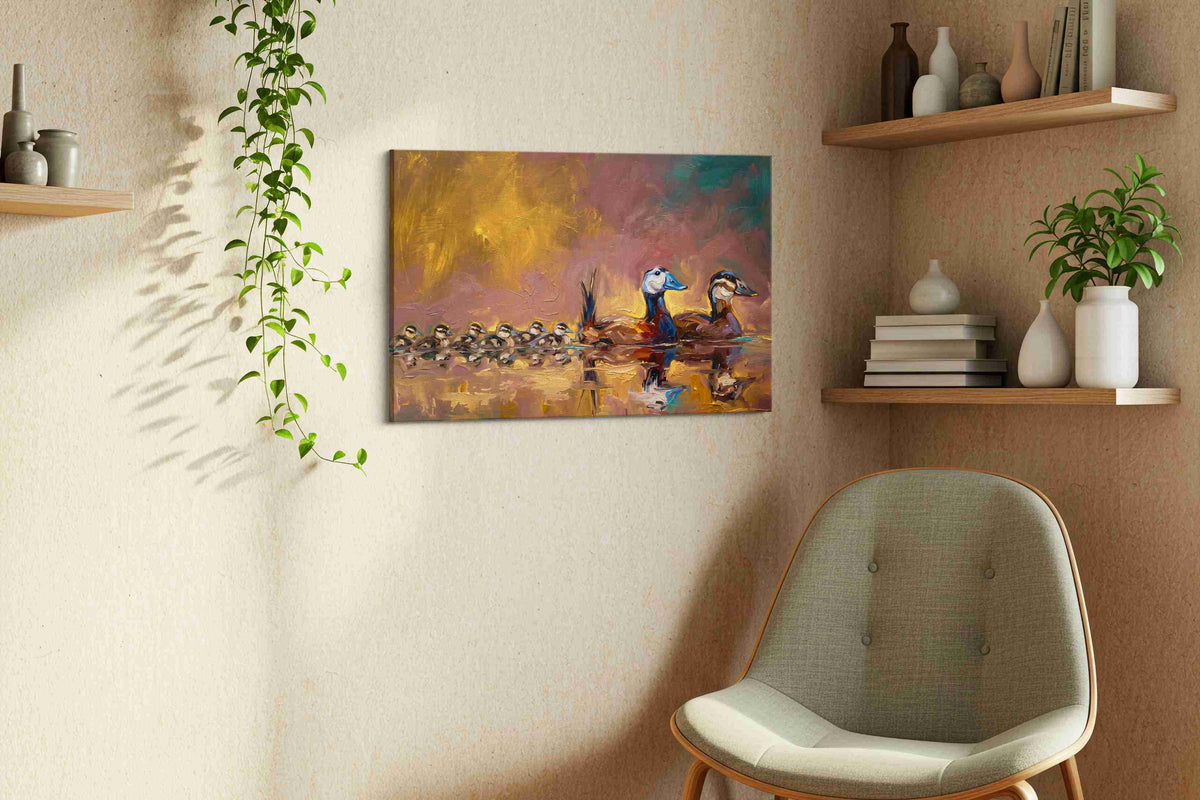 Golden River Symphony (Birds) - Animals, Animal Wall Art, Wildlife Canvas Print, Animal Lover Decor styled in a living room
