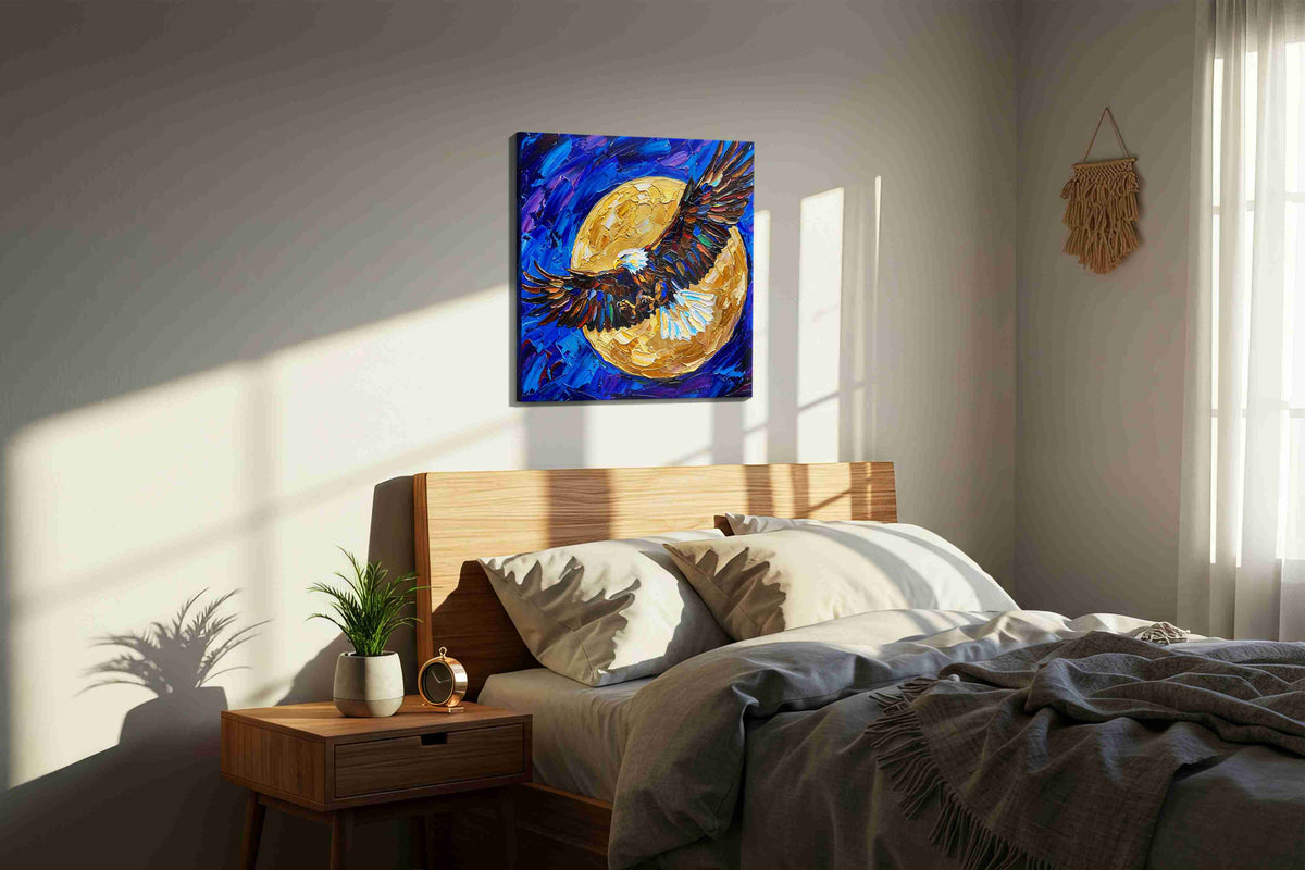 Lunar Flight Symphony birds canvas print, displayed in a bedroom