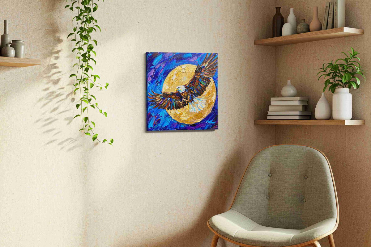 Lunar Flight Symphony birds canvas print, displayed in a living room
