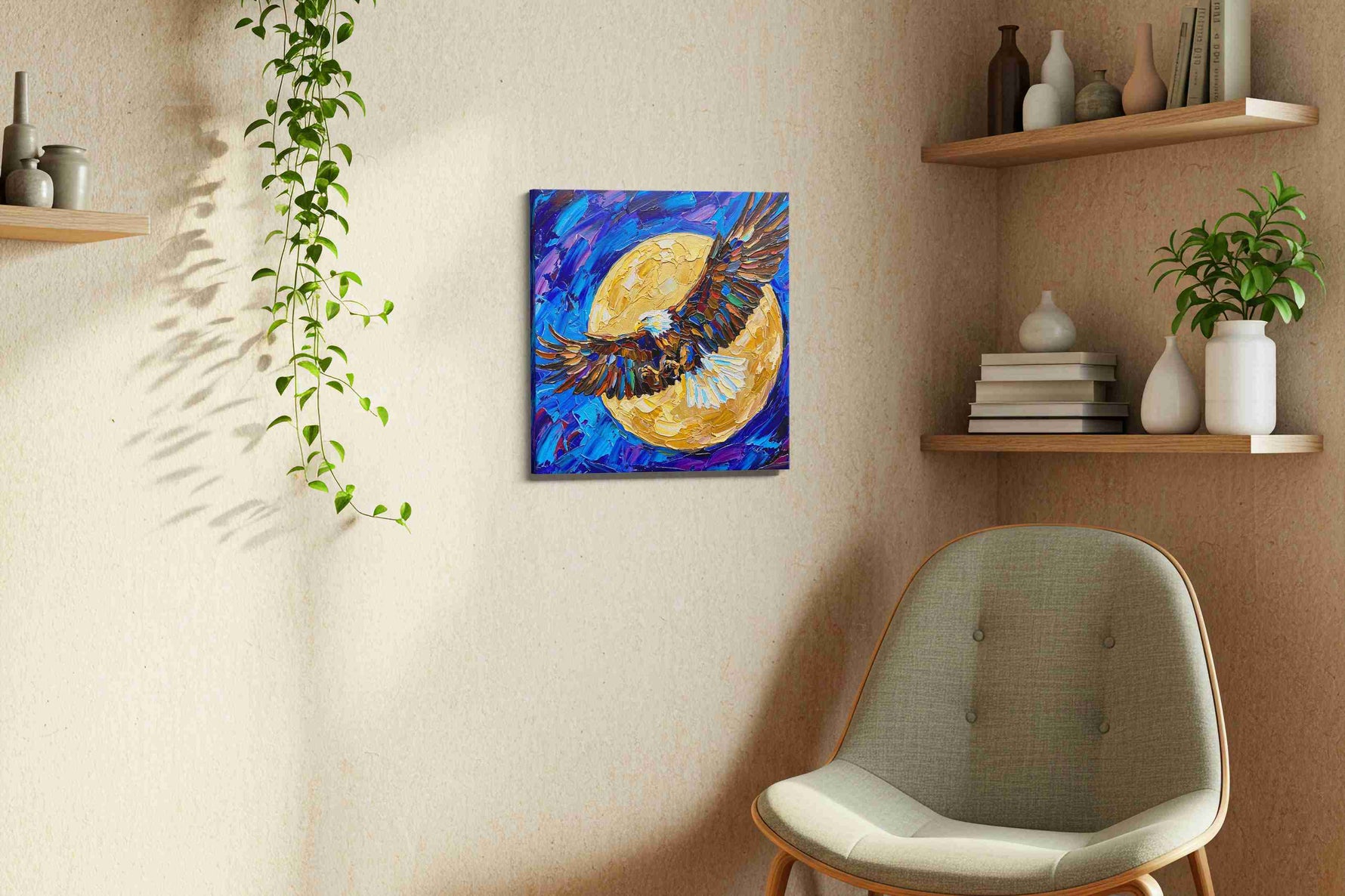 Lunar Flight Symphony birds canvas print, displayed in a living room