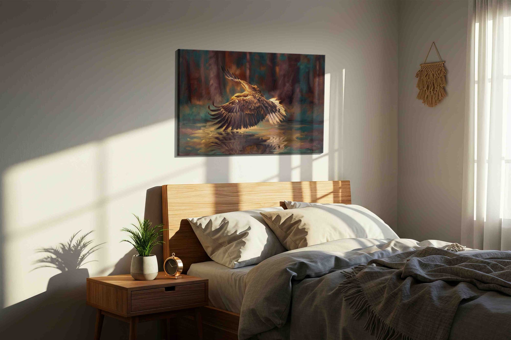 Majestic Flight Over Reflections (Birds) - Animals, Animal Wall Art, Wildlife Canvas Print, Animal Lover Decor styled in a bedroom