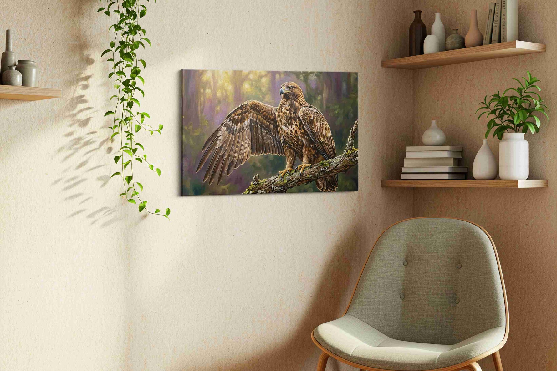 Majestic Forest Sentinel birds canvas print, displayed in a living room