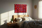 Crimson Bloom Symphony floral canvas print, displayed in a bedroom