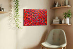 Crimson Bloom Symphony floral canvas print, displayed in a living room