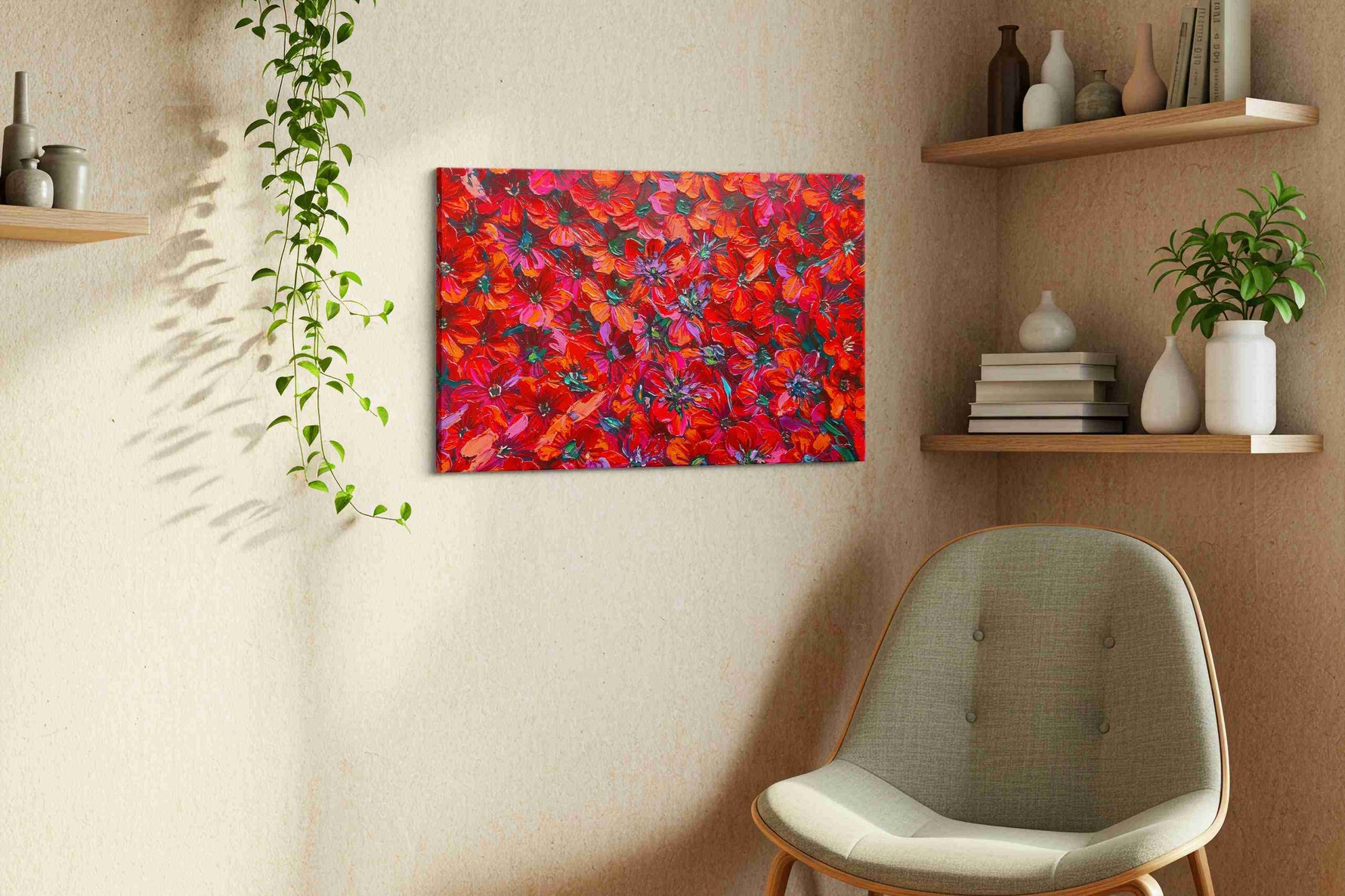 Crimson Bloom Symphony floral canvas print, displayed in a living room