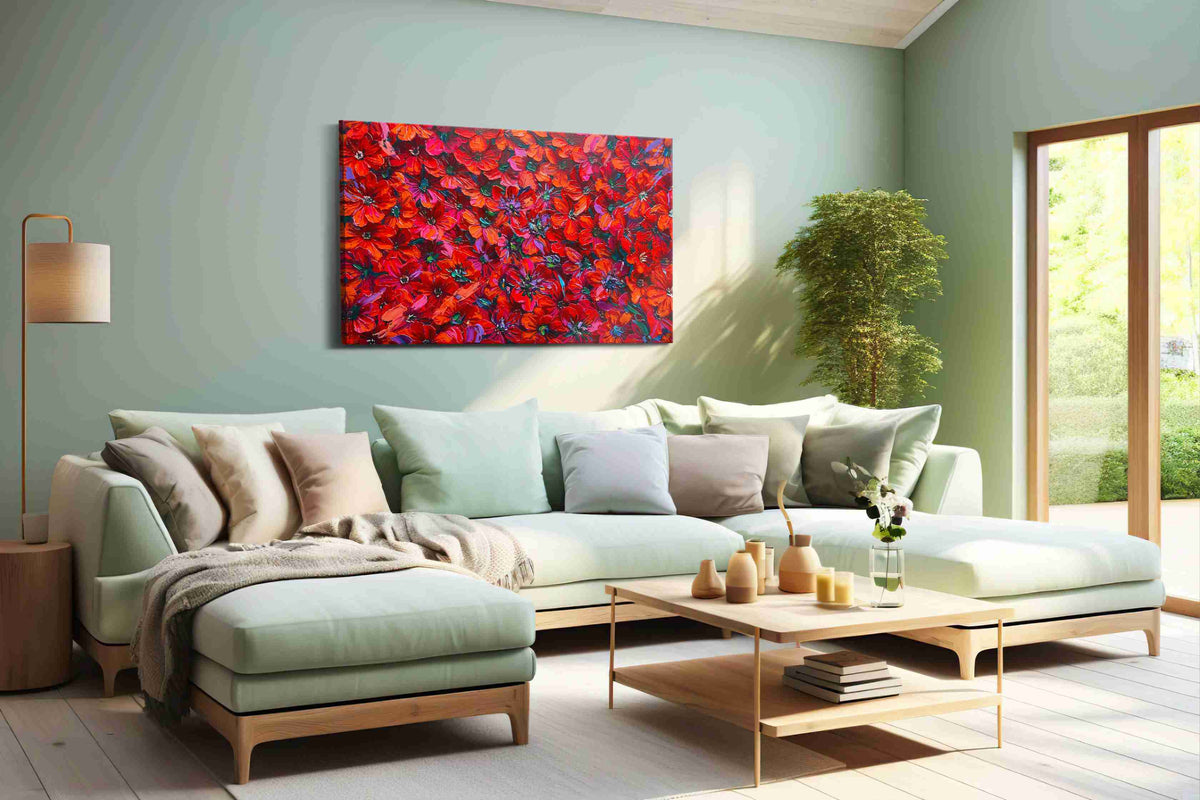 Crimson Bloom Symphony floral canvas print, hanging on wall