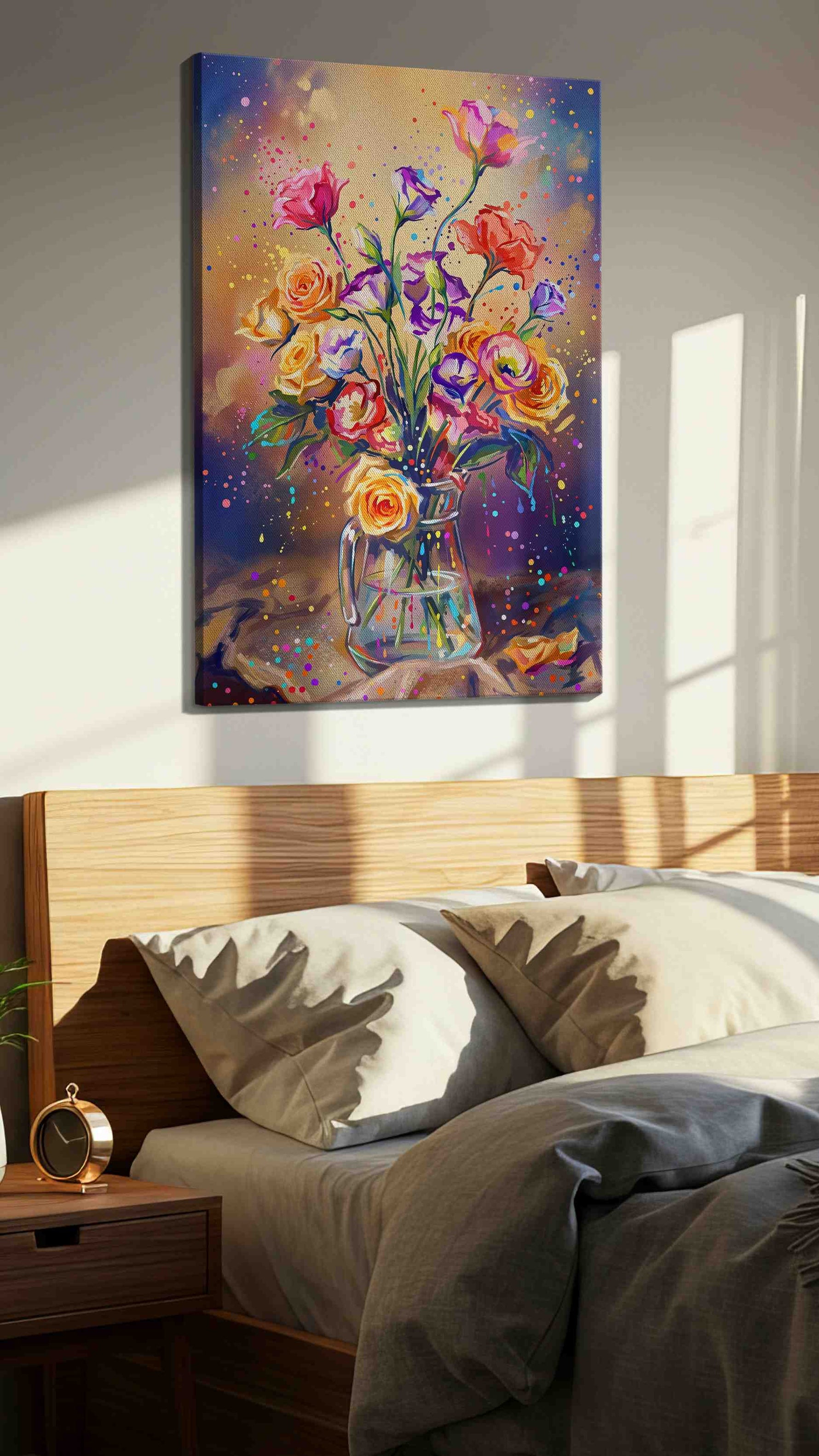 Ebullient Bloom Symphony floral canvas print, displayed in a bedroom
