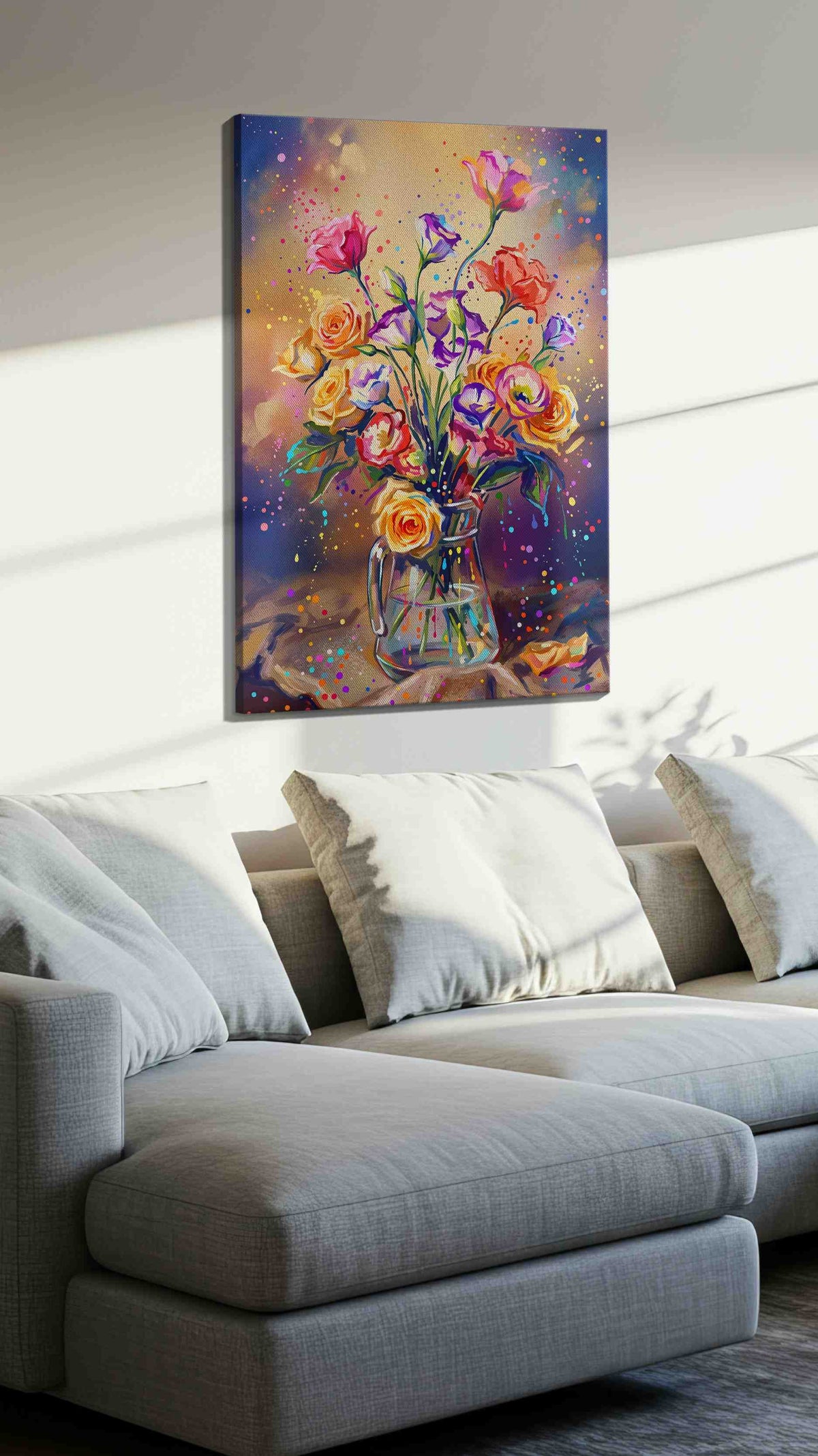Ebullient Bloom Symphony floral canvas print, displayed in a living room
