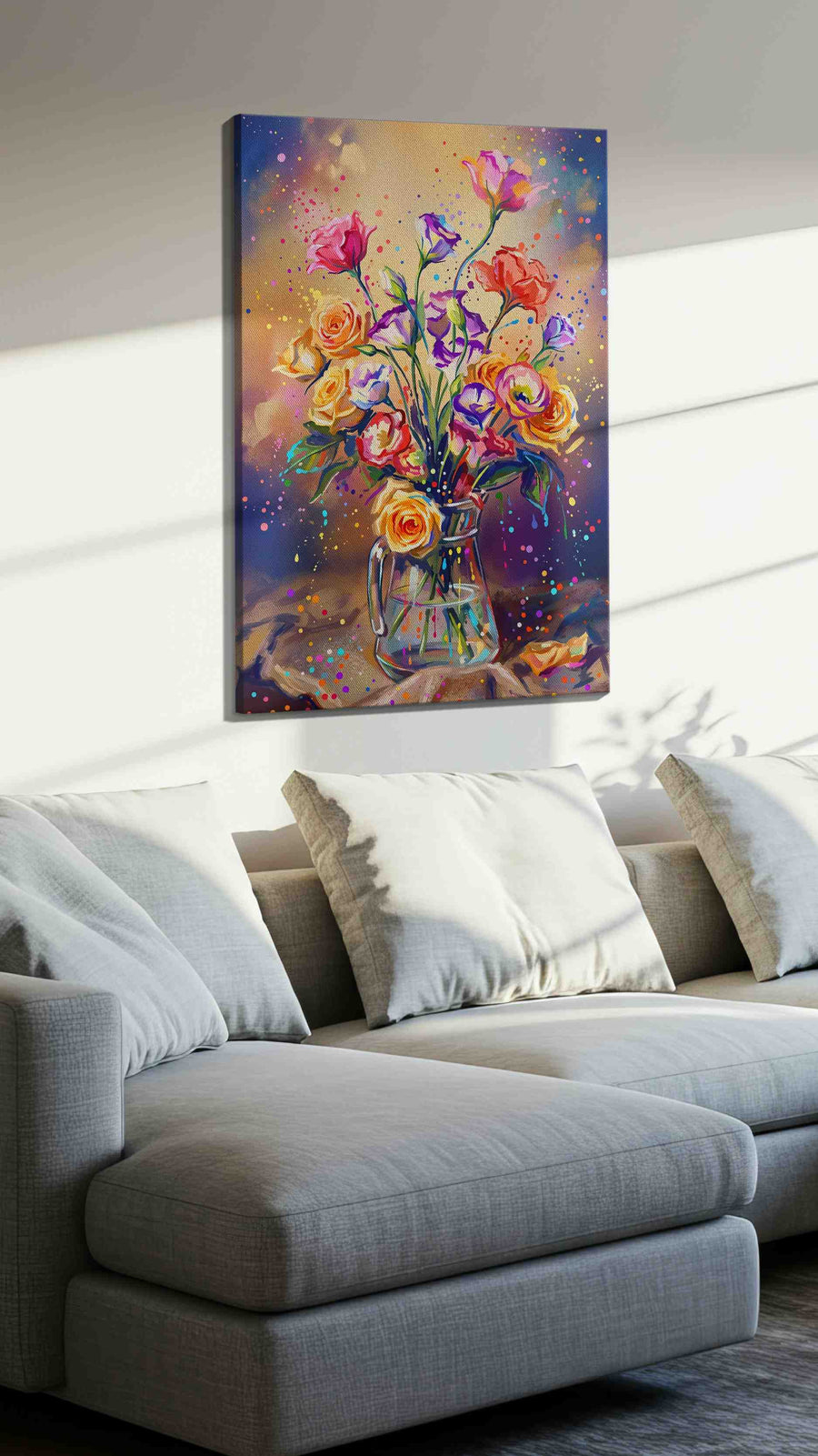 Ebullient Bloom Symphony floral canvas print, displayed in a living room