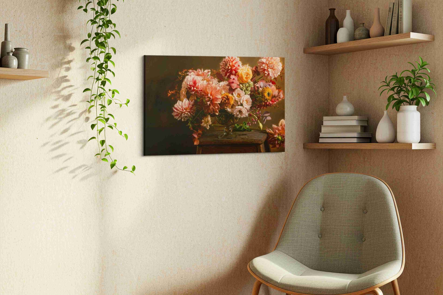 Eternal Bloom Symphony floral canvas print, displayed in a living room