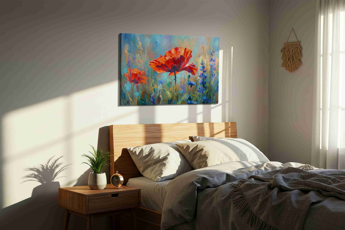Ethereal Blooms in Harmony poppies canvas print, displayed in a bedroom
