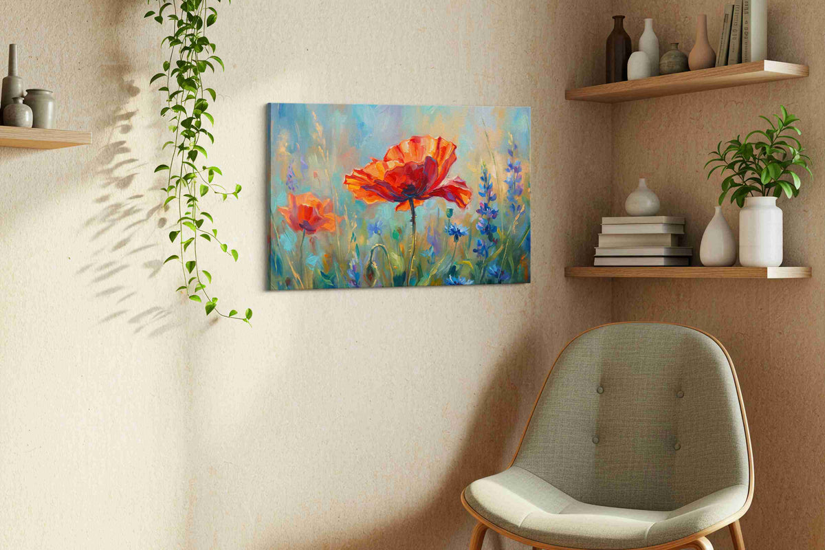 Ethereal Blooms in Harmony (Floral) - Poppies, Poppy Wall Art, Floral Canvas Print, Flower Decor styled in a living room