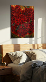 Heart of Scarlet Bloom floral canvas print, displayed in a bedroom