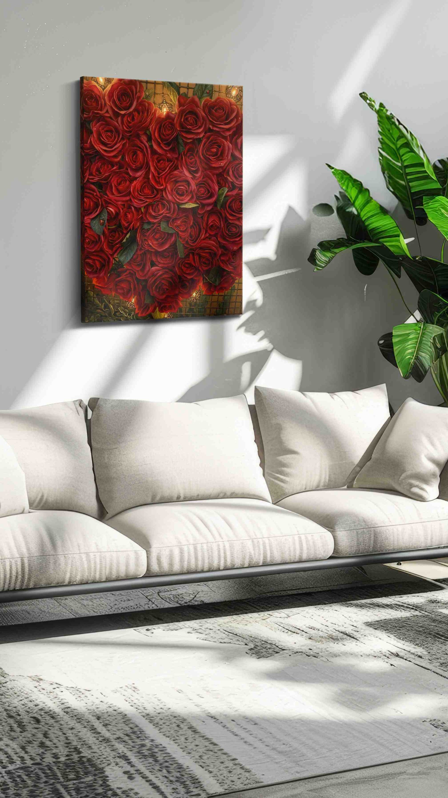 Heart of Scarlet Bloom floral canvas print in a modern interior mockup