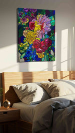 Vibrant Symphony of Blooms (Floral) - Floral Canvas Print, Botanical Wall Art, Flower Canvas Art in a bedroom scene