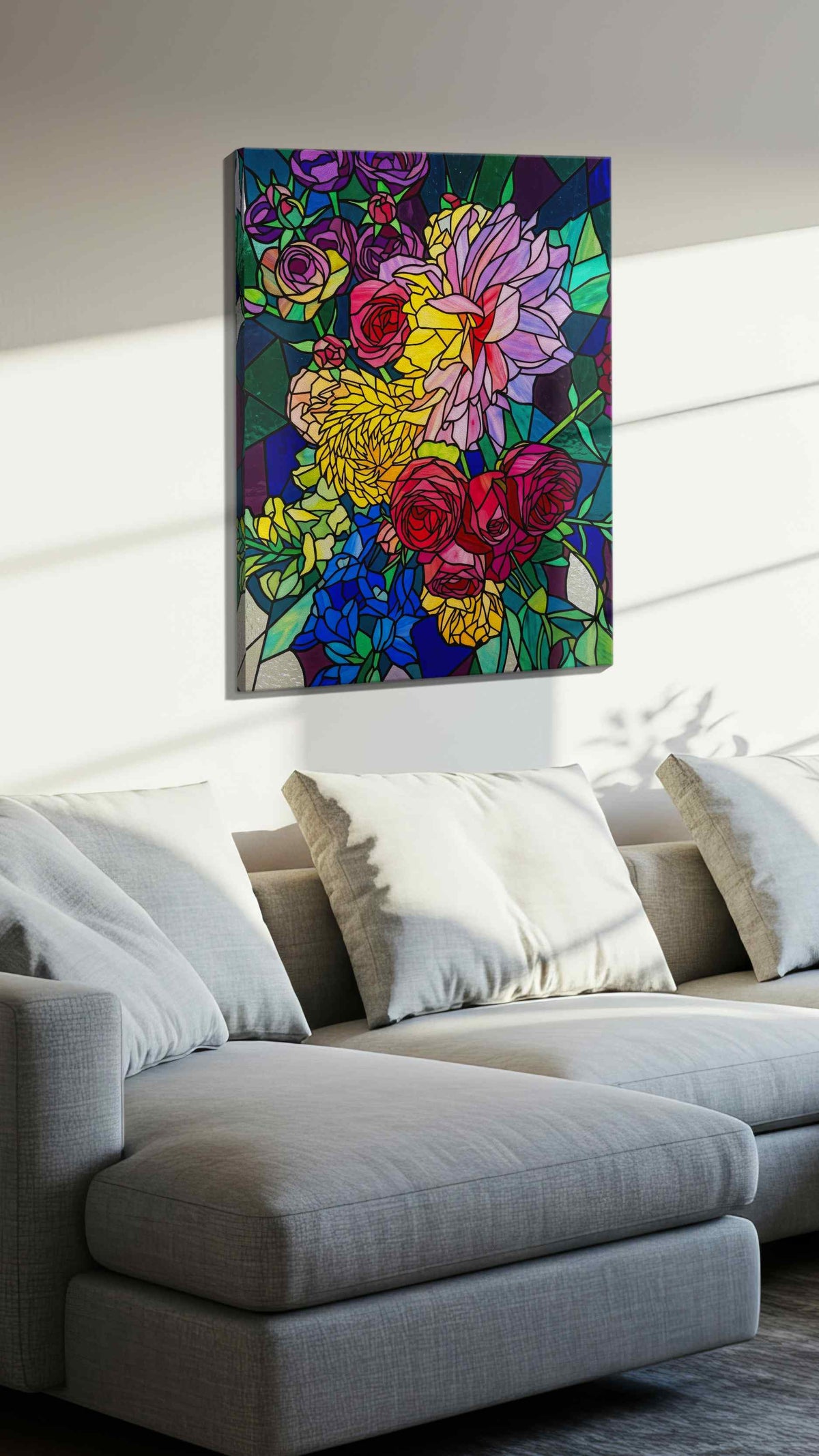 Vibrant Symphony of Blooms floral canvas print, displayed in a living room