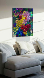 Vibrant Symphony of Blooms floral canvas print, displayed in a living room