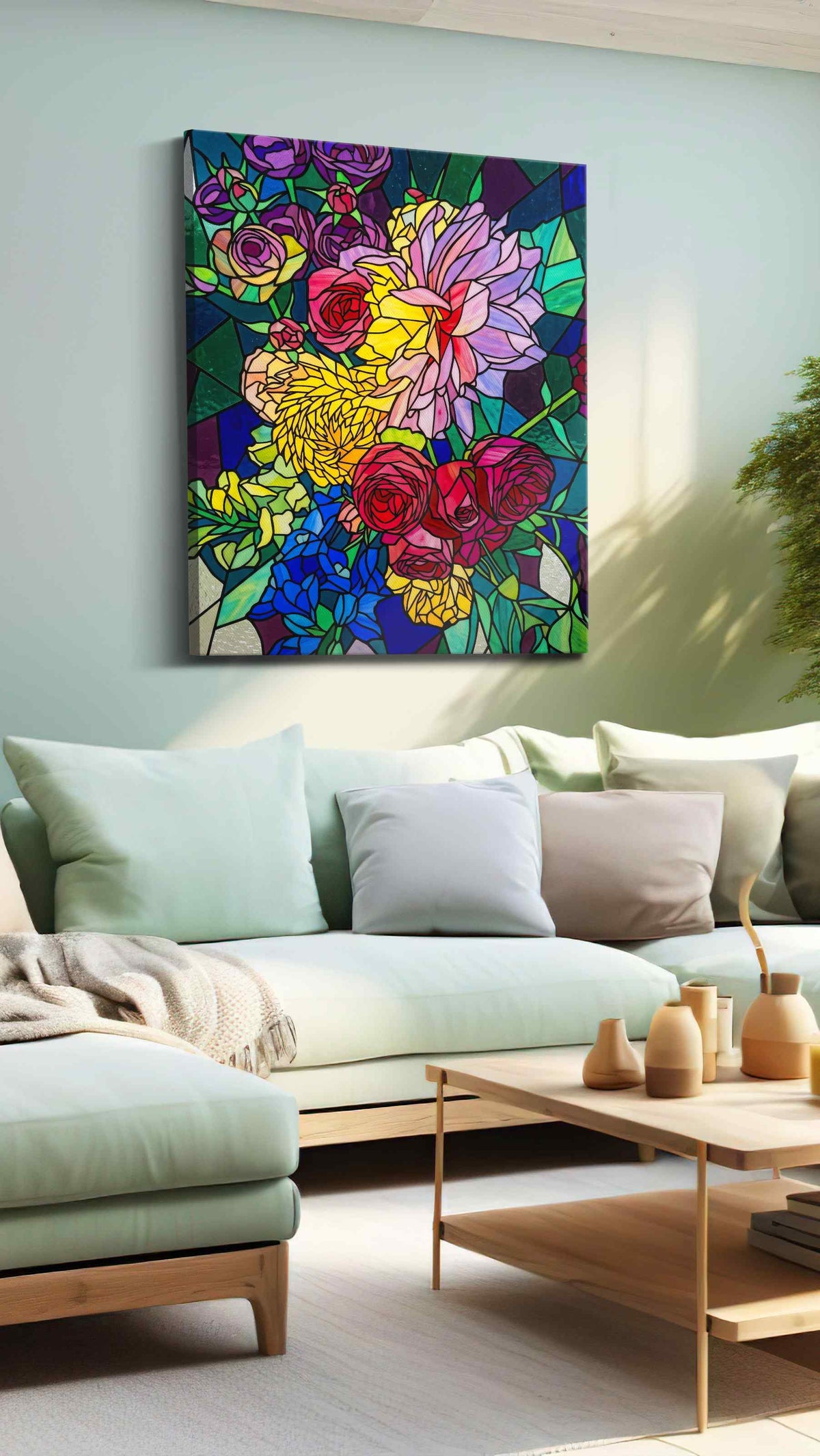 Vibrant Symphony of Blooms floral canvas print shown in a wall scene