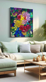 Vibrant Symphony of Blooms floral canvas print shown in a wall scene