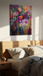 Vivid Symphony of Blooms floral canvas print, displayed in a bedroom