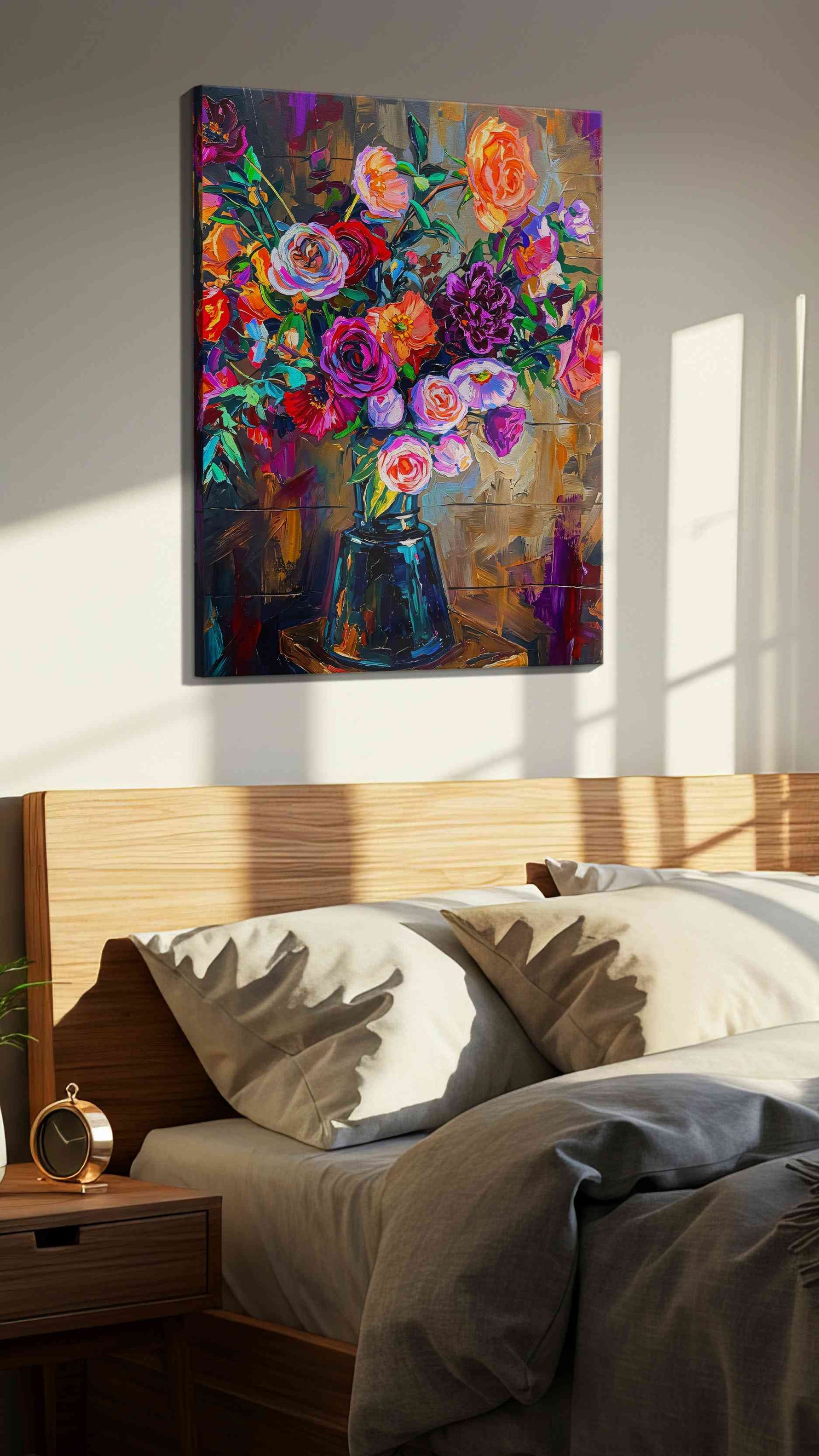 Vivid Symphony of Blooms floral canvas print, displayed in a bedroom