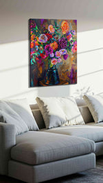 Vivid Symphony of Blooms floral canvas print, displayed in a living room