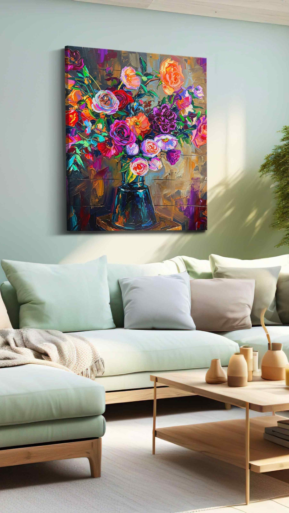 Vivid Symphony of Blooms floral canvas print, hanging on wall