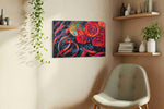 Whirlwind of Crimson Roses floral canvas print, displayed in a living room